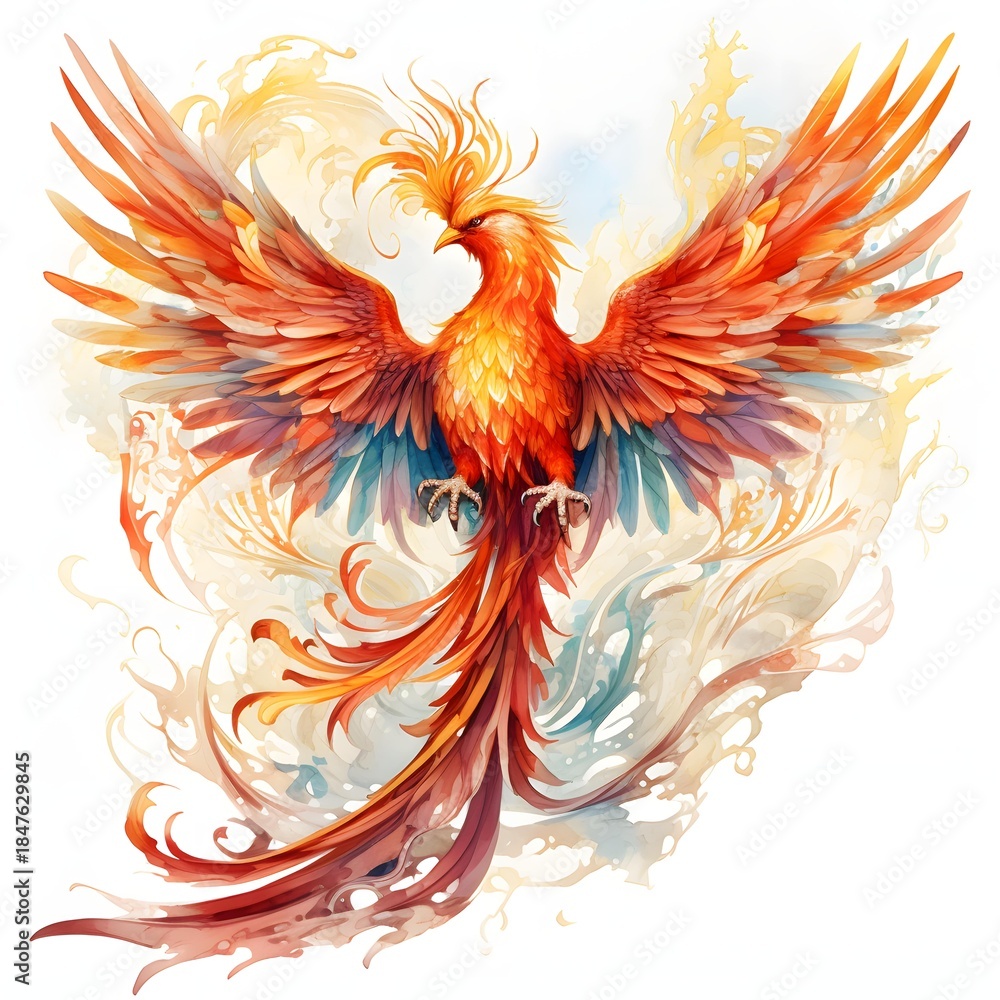 Obraz premium Vibrant phoenix soars with wings outstretched against a swirling background