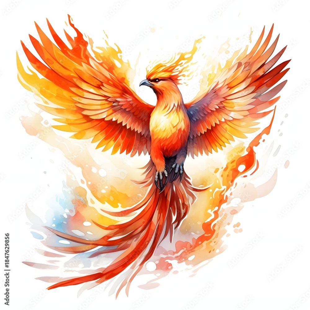 Fototapeta premium Majestic phoenix with fiery plumage soaring through the air in watercolor