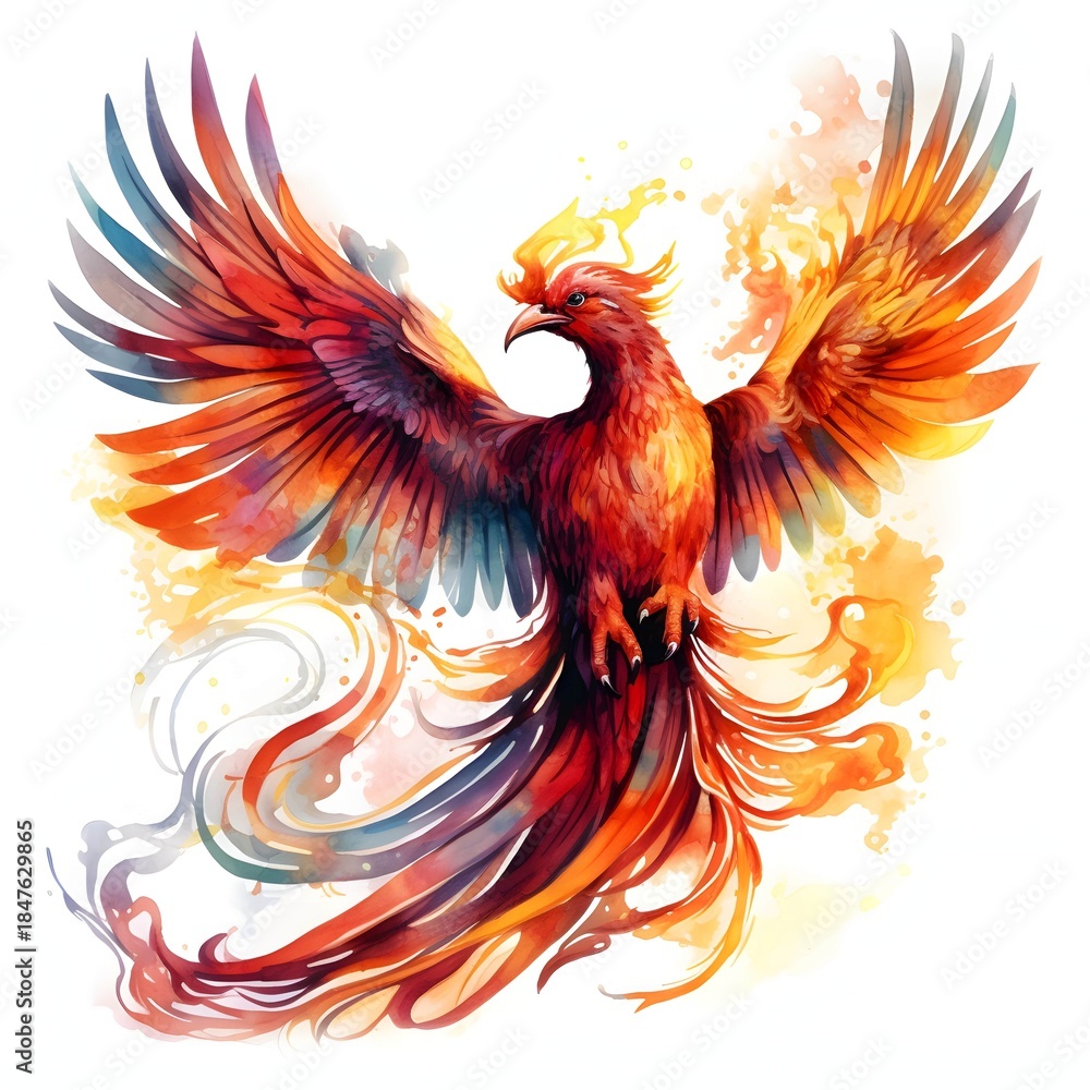 Obraz premium Watercolor phoenix soars with fiery wings, a symbol of rebirth and renewal