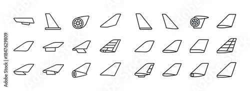 Collection of different airplane wing designs in line art style
