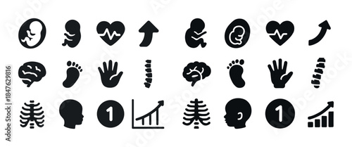 Black icons set: pregnancy, health, growth, anatomy, development