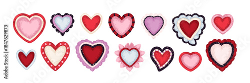 Hearts set. Creative love symbols for Valentine day. Cute romantic doodle shapes, sweet design elements, playful quirky whimsical funny stickers. Flat vector illustration isolated on white background