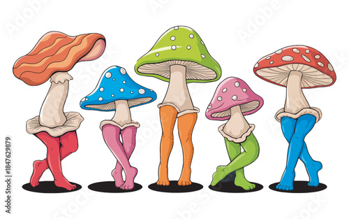Five funky mushrooms with human legs and colorful stockings on white