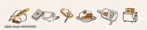 Breakfast food set. Baguette in basket, butter, pancakes with egg, bread on board, toasts in toaster, handdrawn sketches, scribble drawings. Morning snacks in doodle style. Flat vector illustration