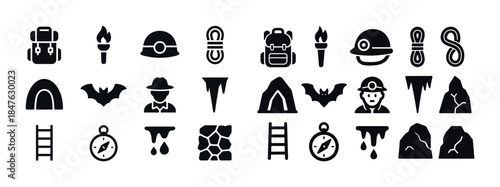 Caving icons set: equipment, nature, and adventure symbols