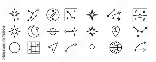 Collection of navigation and astronomy icons in black and white