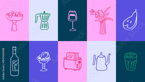 Dolce vita doodle posters set. Italian cards with handdrawn scribble outlines. Coffee, moka pot, wine glass, bottle, food, snack, flower vase, oyster, pear sketches. Hand-drawn vector illustrations