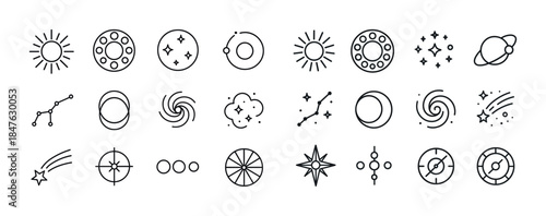 Cosmic icon set: celestial, galaxy, star, sun, planet, comet, or