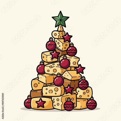 A whimsical Christmas tree made entirely of various blocks and wedges of cheese, adorned with red baubles and star ornaments, topped with a green star.
