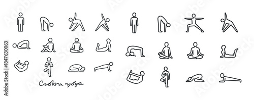 Chakra yoga poses icons set with diverse asanas illustrations