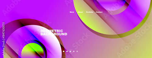 Abstract design features flowing shapes, vibrant colors. Pink, purple hues dominate with text elements, navigation visible. Modern aesthetic.