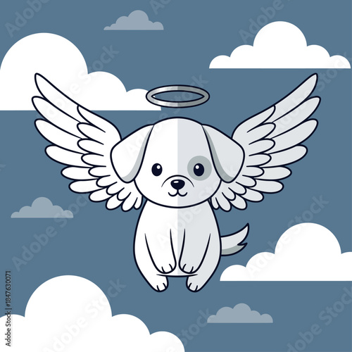A cute cartoon white dog with angel wings and a halo floats in a blue sky with fluffy white clouds, representing a beloved pet in heaven.