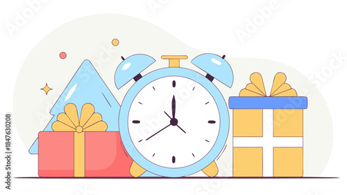 A pastel blue alarm clock stands prominently amidst festive gifts and abstract shapes, signifying time and celebration.