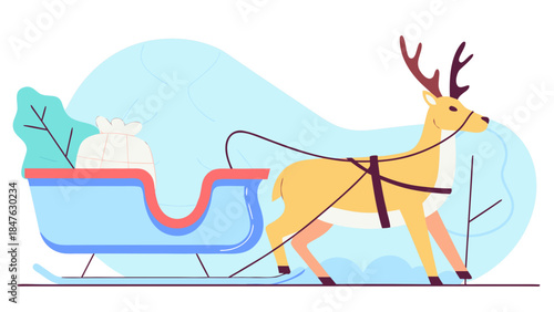 A festive reindeer pulls a simple sleigh filled with gifts through a stylized winter scene