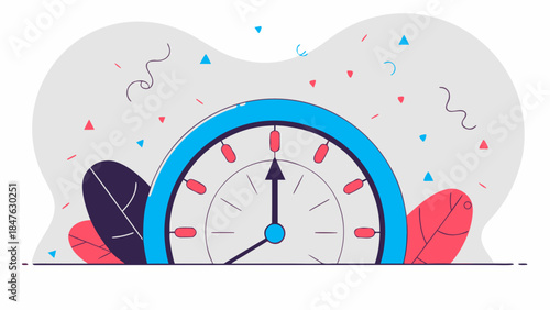 Clock Face Approaching Midnight with Festive Confetti Elements and Stylized Decorations