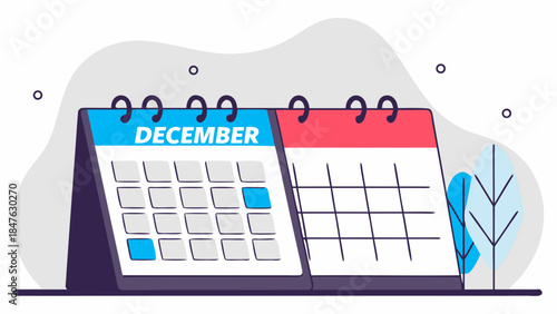 Desktop calendars showing December and blank pages for upcoming planning
