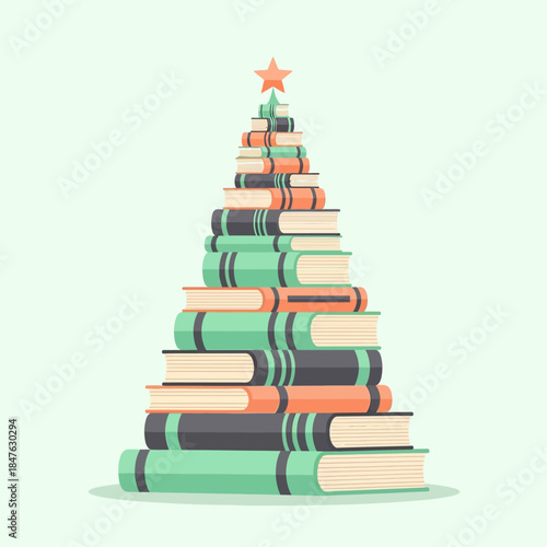 Christmas tree made of stacked books with a star on top, symbolizing reading and holiday spirit.