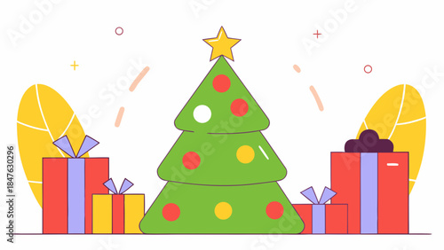 A minimalist Christmas tree adorned with festive ornaments and surrounded by colorful gifts, perfect for holiday celebrations.