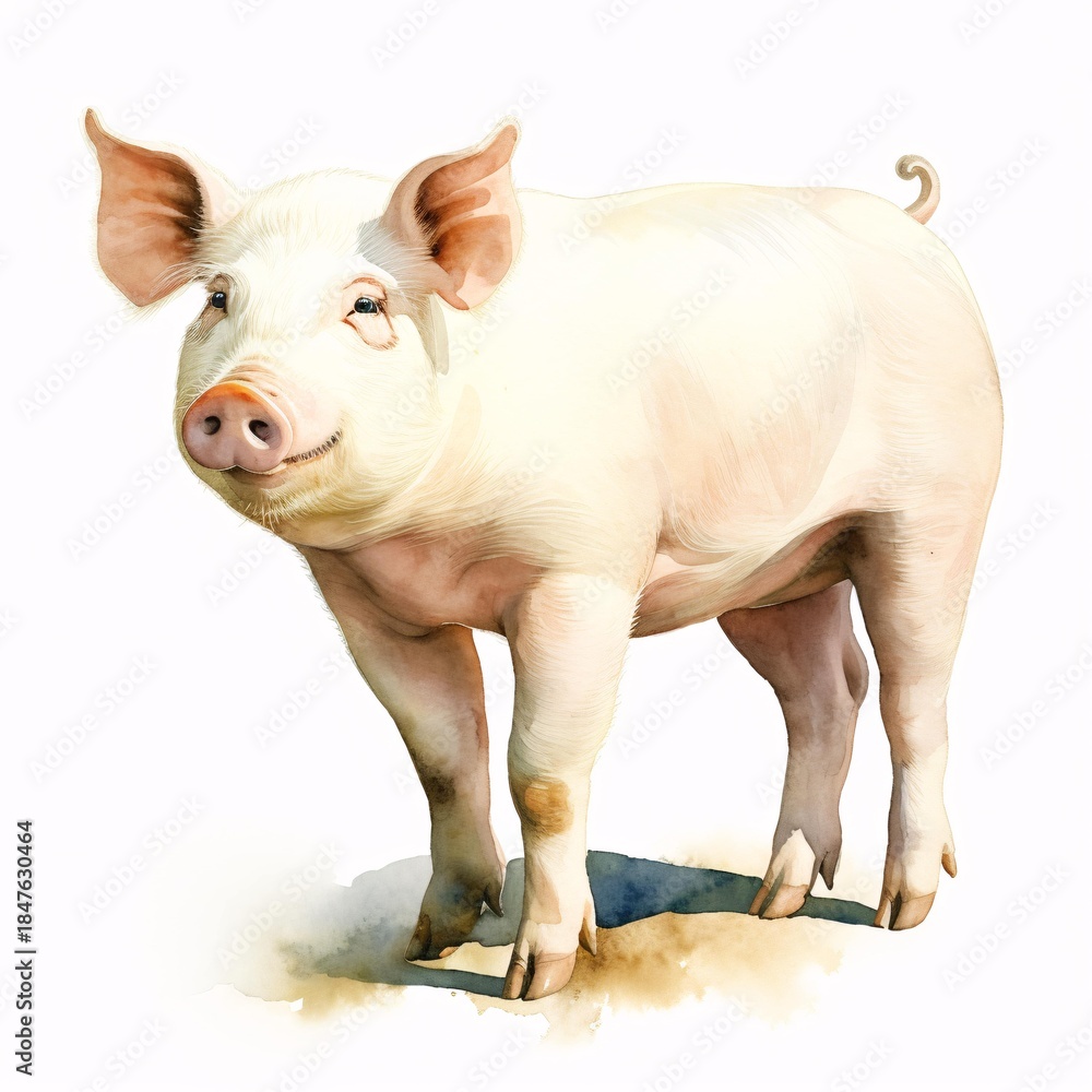 Fototapeta premium Charming pig standing in a watercolor style against a white background