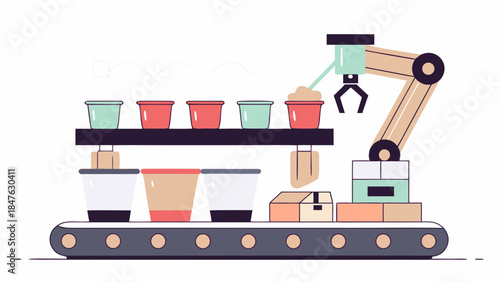 Automated food packaging machine filling containers on a conveyor belt with a robotic arm