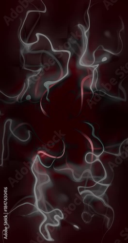 Abstract fluid animation designed for mobile screens. Dark and mysterious loop. Vertical motion graphics featuring white wavy lines resembling smoke and a central pulsating neon ring