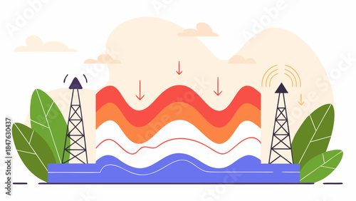 Abstract energetic waves depicted as layered data streams with descending arrows and communication towers