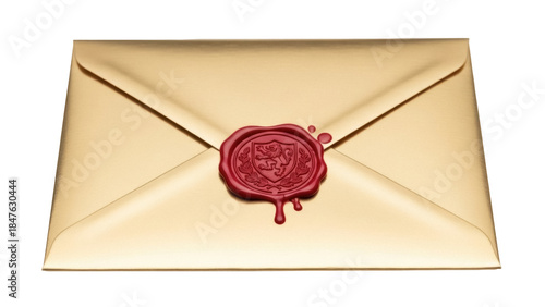 Isolated antique golden envelope with wax seal conveying authenticity, privacy and importance