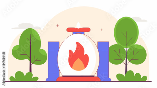 Abstract illustration of a gas flame symbol within a stylized industrial setting with natural elements.