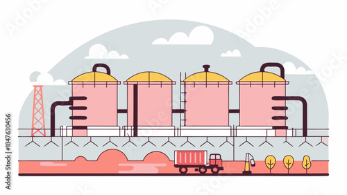 Industrial fuel storage facility with multiple connected tanks and truck transport