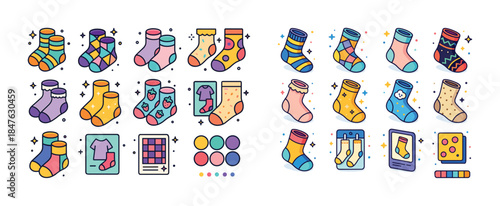 Colorful cartoon socks collection with various patterns and desi