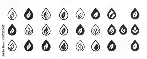 Minimalistic nature-inspired leaf and flame icons in raindrop sh