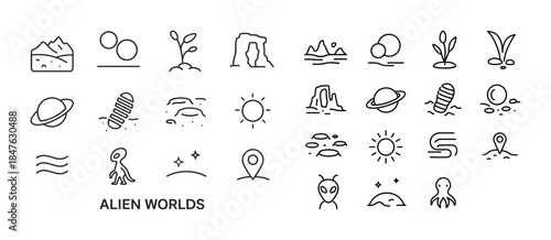Alien worlds icon set with planets, landscapes, creatures, and s