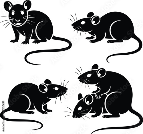 Vector Silhouettes of Black Rats in Dynamic Poses with Prominent Features and Expressive Interaction.
