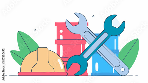 Crossed Wrenches and Safety Helmet with Industrial Barrels Representing Oil and Gas Industry Safety and Maintenance