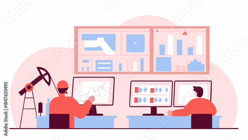 Industrial control room with operators monitoring screens displaying complex data and graphs