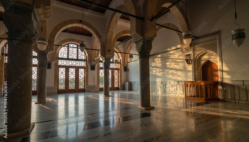 Fototapeta premium Grand Mosque Interior with Arches and Sunlight