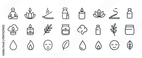 Minimalist wellness icons: meditation, aromatherapy, and relaxat