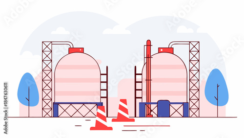 Illustration of industrial LNG storage tanks with safety cones and ladders, representing energy infrastructure and safety protocols