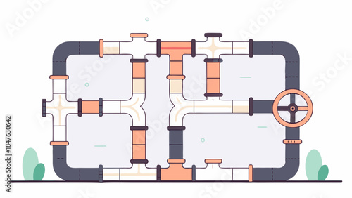 Complex Industrial Pipeline System With Interconnecting Pipes and Valves in Flat Design
