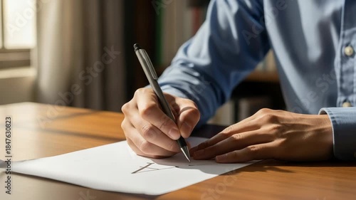Close up of a man's hands signing an important document with a pen on a wooden office desk. Business professional finalizing a contract or legal agreement for a new deal