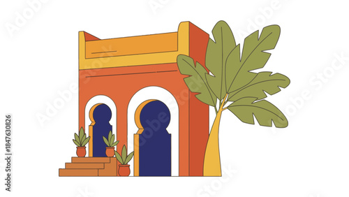 Vibrant Moroccan style building with palm tree