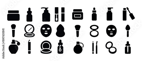 Collection of cosmetic and skincare product icons in black silho
