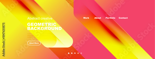 Abstract geometric background design. Vibrant colors blend, creating modern visual appeal. Includes navigation elements, button.