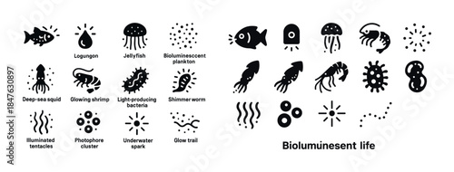 Bioluminescent marine life icons: jellyfish, plankton, squid, sh