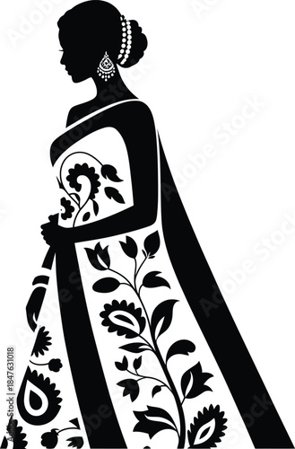 Elegant woman silhouette vector in ornate floral gown with UPDO hairstyle, ideal for fashion, art, and decorative design themes.