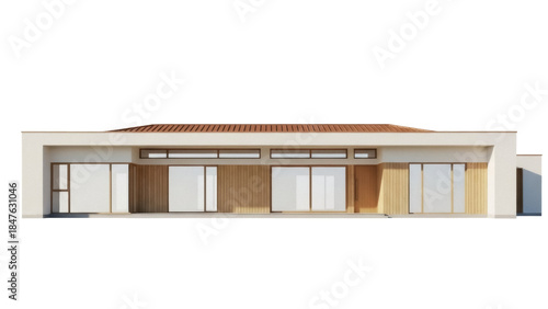Isolated contemporary single story house with a flat roof, isolated building exterior