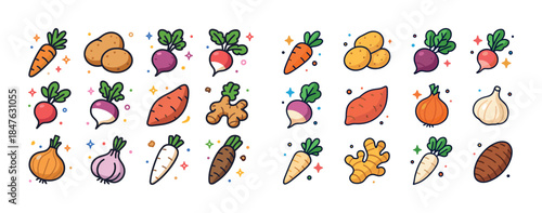 Colorful doodle vegetables: carrot, potato, radish, onion, ginge