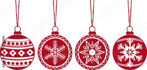 Set of festive Christmas baubles, glossy and matte textures, isolated vector illustration, perfect for holiday greeting cards and banners.