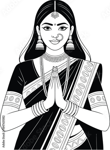 Traditional Indian woman vector in saree with Namaste gesture, adorned with jewelry, and cultural black and white line art.