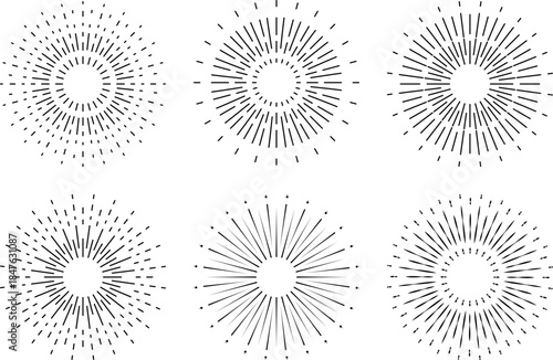 Sunburst and starburst line art collection, minimalist radial firework icons and geometric explosion vector elementsSunburst and starburst line art collection, minimalist radial firework icons and geo
